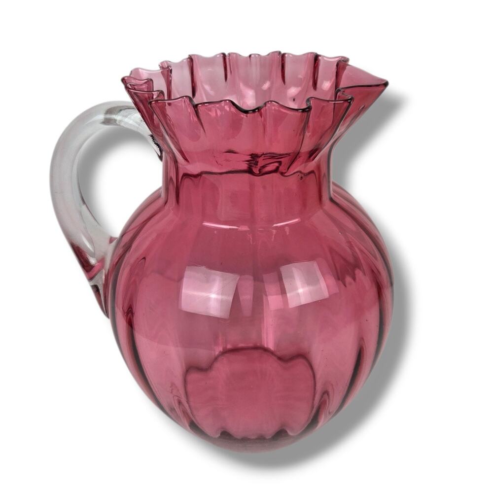 Fenton Cranberry Glass Pitcher Ruffle Edge Vintage Decorative 8.75" Inverted